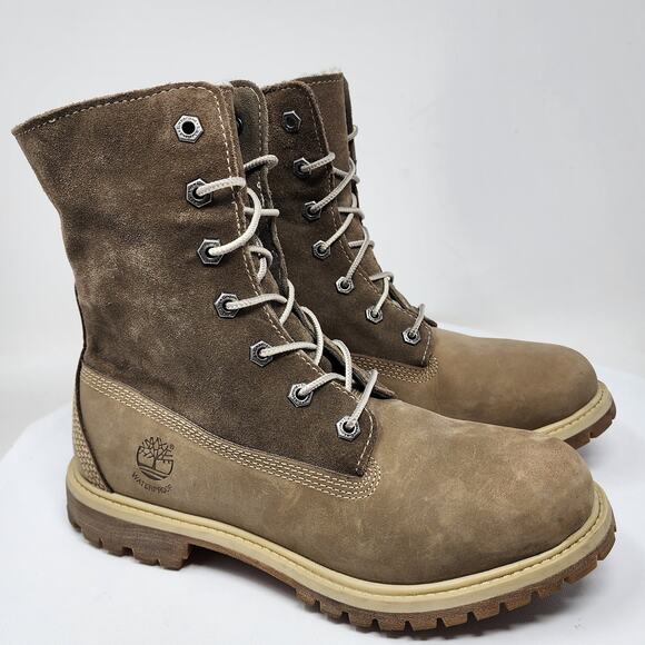 Timberland Teddy Fleece Fold Down Boots Women 7 Taupe Leather Waterproof Lace-up - Picture 2 of 16